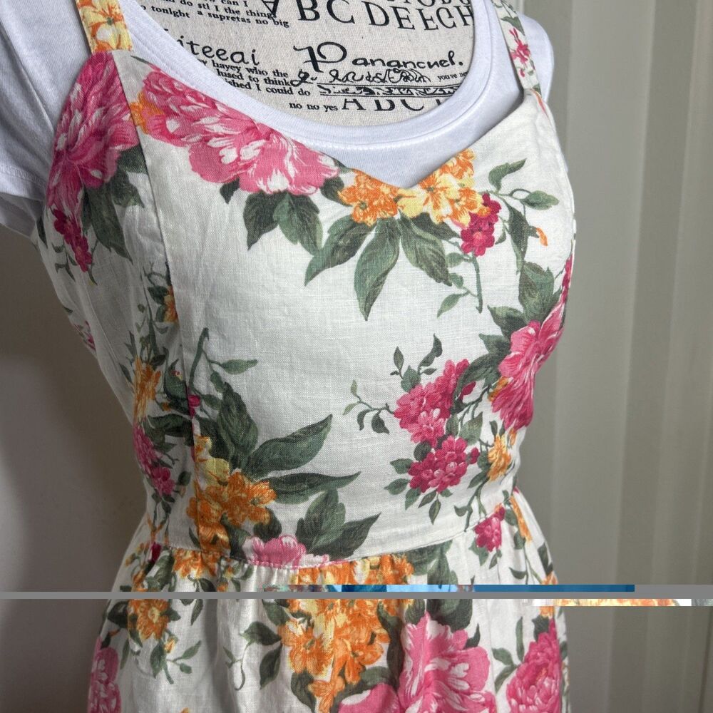 100% Linen Floral Fit And Flare Midi Sun Dress Size 10 Coastal Old Money Eco - Picture 2 of 7